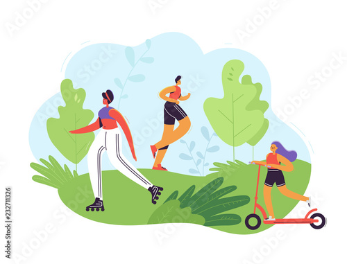 Healthy Lifestyle Concept. Active People Excercising in Park. Man Running, Woman Roller Skating, Girl Riding Pushscooter. Outdoor Activities. Vector illustration