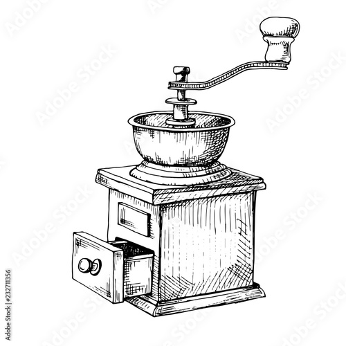 Retro manual coffee grinder or mill sketch in vintage style.