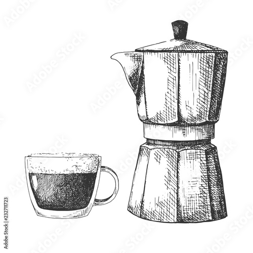 Sketch coffee maker. Coffee maker and mug isolated on white background.