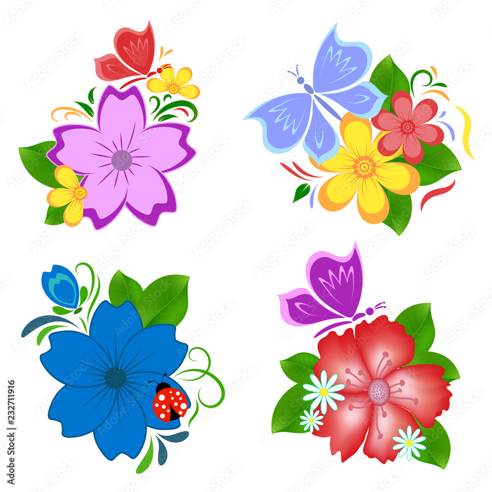 Obraz premium Four flower ornaments on white background
