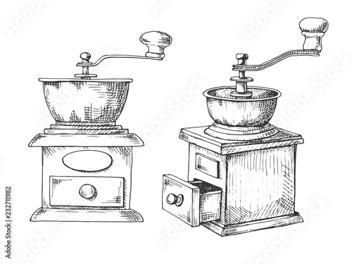 Retro manual coffee grinder or mill sketch in vintage style