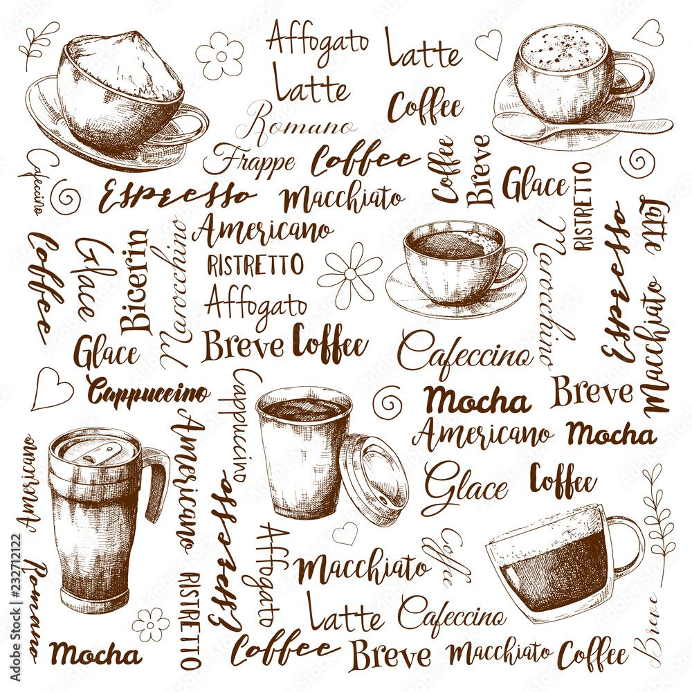 The names of different types of coffee. Different coffee cocktails.