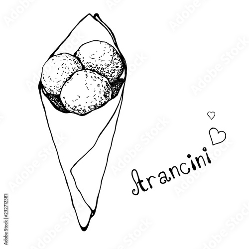 Sketch aranchini in a paper bag. Italian Cuisine.