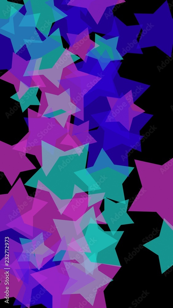 Multicolored translucent stars on a dark background. Vertical image orientation. 3D illustration