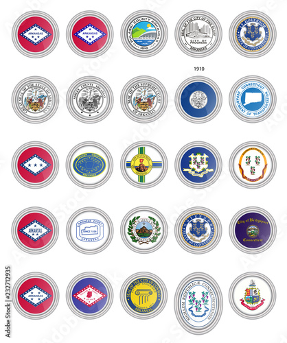 Set of vector icons. Flags of Arkansas and Connecticut states, USA. 3D illustration.