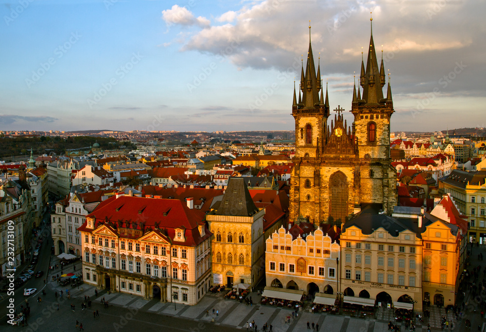PRAGUE, CZECH REPUBLIC. On October 21, 2018. Aerial view of the gothic Tyn cathedral, Old Town square.  Historical center .Aerial view of the gothic Tyn cathedral. European travel.