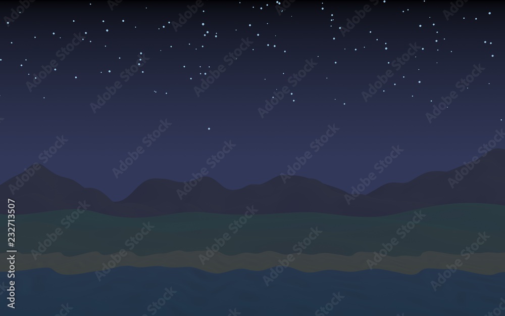 Starry moonless sky. Ocean shore line with waves on a beach. Island beach paradise with waves. Vacation, summer, relaxation. Seascape, seashore. Minimalist landscape, primitivism. 3D illustration Starry moonless sky. Ocean shore line with waves on a beach. Island beach paradise with waves. Vacation, summer, relaxation. Seascape, seashore. Minimalist landscape, primitivism. 3D illustration