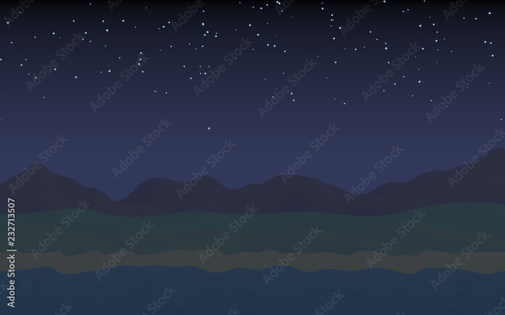 Starry moonless sky. Ocean shore line with waves on a beach. Island beach paradise with waves. Vacation, summer, relaxation. Seascape, seashore. Minimalist landscape, primitivism. 3D illustration