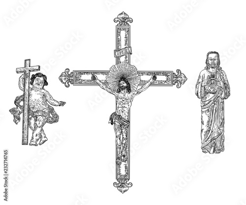 Depiction of child Jesus Christ son of God, then crucifixion on cross for people sins at mount Golgotha and resurrection. Hand drawn art sketch. Vector.
