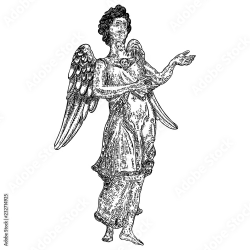 Angel with wings, flying or standing. Religious symbol of Christianity hand drawn vector.