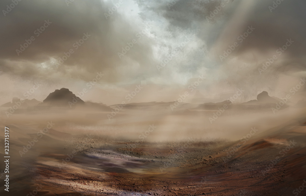 Fototapeta Fantastyczny pustynny krajobraz z piaskową burzą i chmurami strom