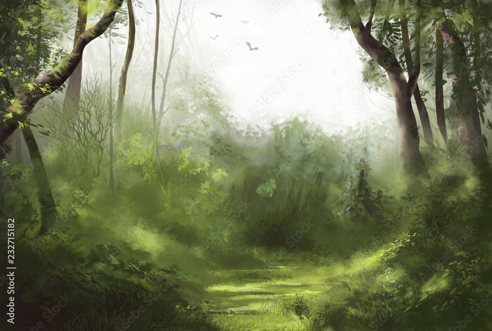 Φωτογραφία Forest illustration of cloudy dull day in the forest with birds flying in the sk