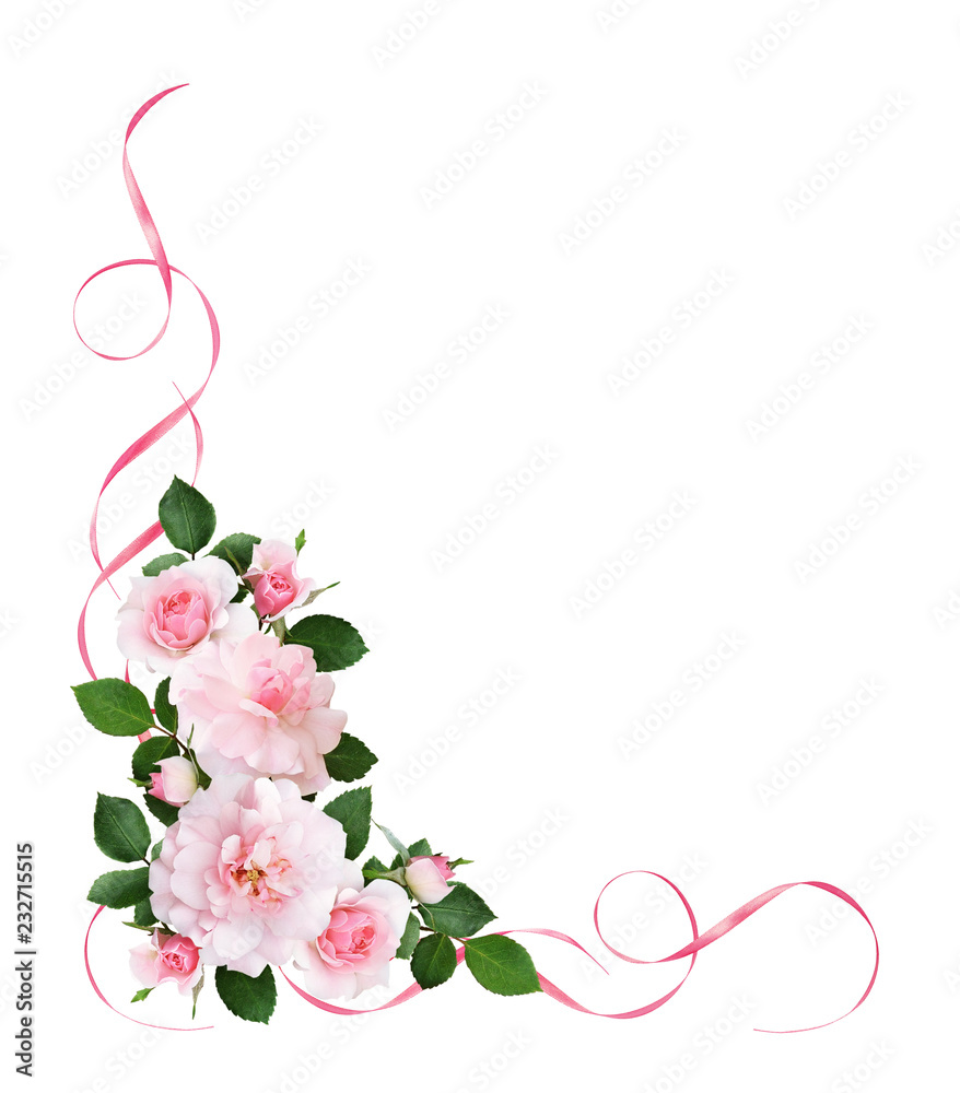 Naklejka premium Różowe kwiaty róży i satynowe wstążki w kwiatowym układzie narożników