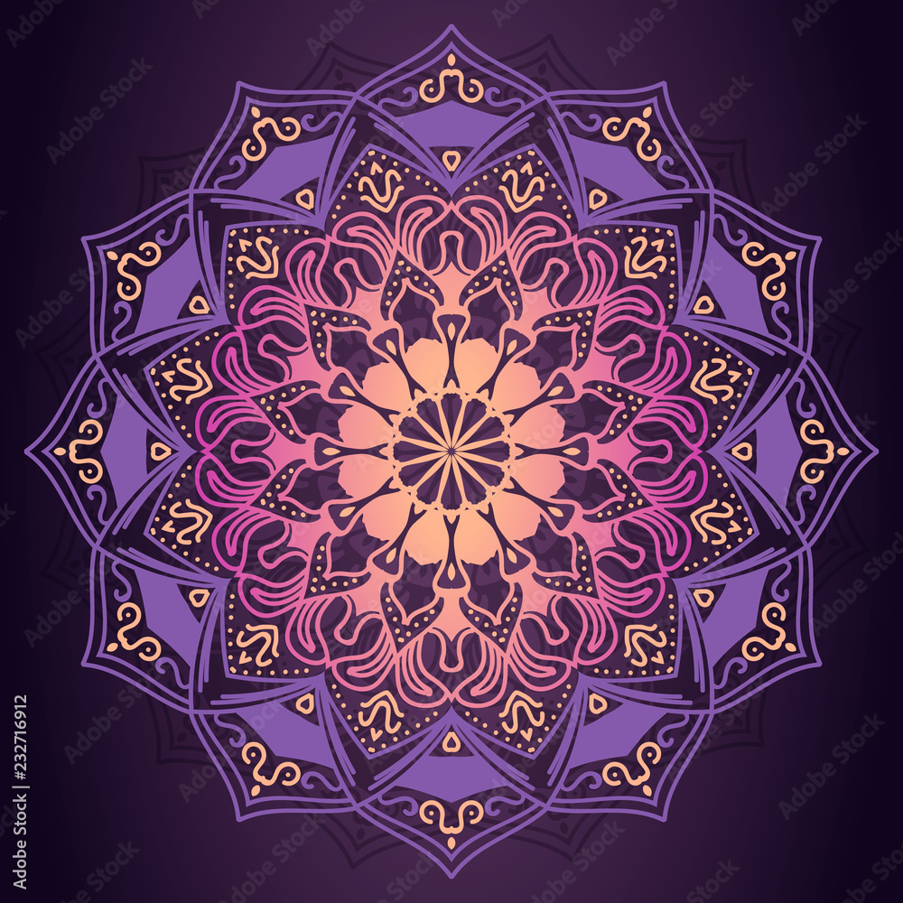 Purple mandala ornamental pattern in dark background vector illustration