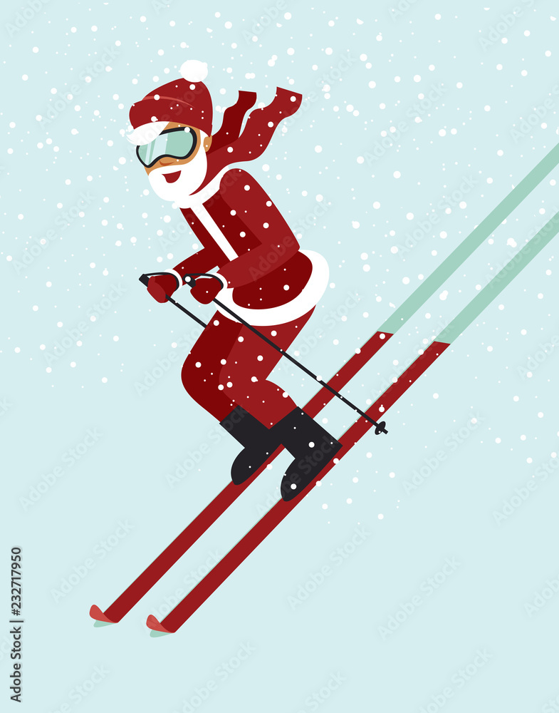 Santa skiing down a mountain slope
