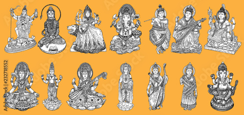 Set of Gods for Indian festivals, Puja in Dussehra Vijayadashami Navratri, for Ganesh Chaturthi or Vinayaka and Chavithi, for Maha Shiwaratri or Shivratri, for Diwali and for Vasant Panchami. Vector.