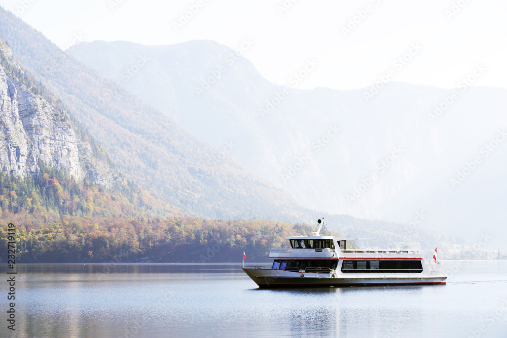 Boat on Hallstatt Lake in Salzkammergutt, Austria, Europe