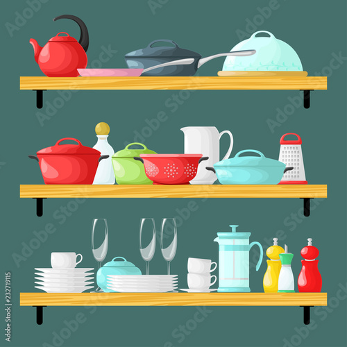 Three shelves with dishes. Cookware set in cartoon style. Vector