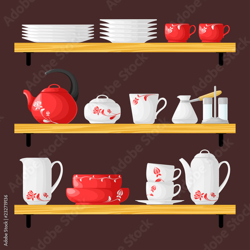 Three shelves with dishes. Cookware set in cartoon style. Vector