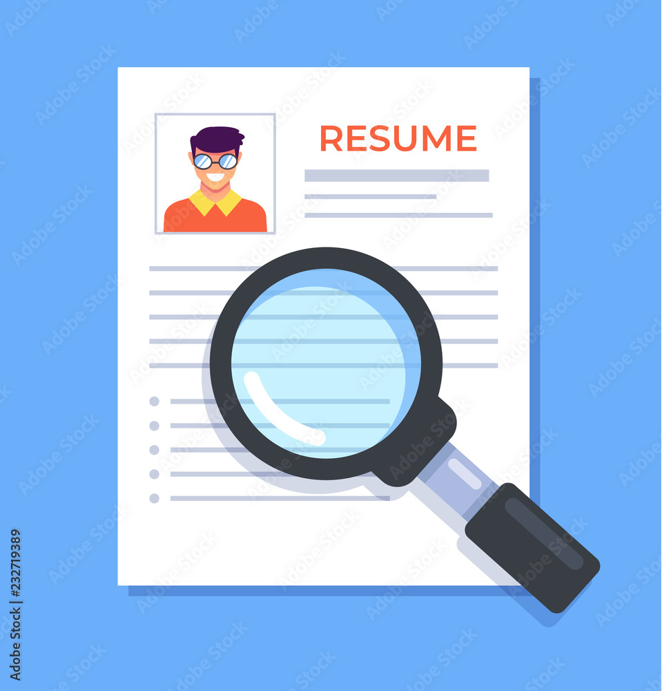 Resume paper document with photo. Head hunting recruitment human resources concept. Vector flat cartoon graphic design isolated isolated illustration Resume paper document with photo. Head hunting recruitment human resources concept. Vector flat cartoon graphic design isolated isolated illustration