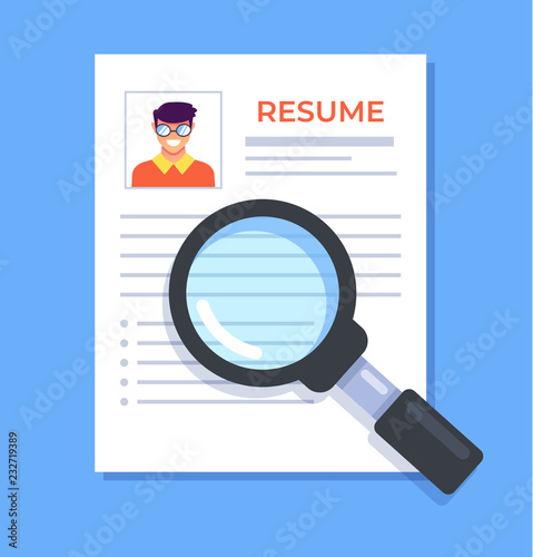 Job resume document out from laptop. Hand holding cv resume papers. Human  resources management concept, searching professional staff, work. Found  right resume. Vector illustration in flat style Stock Vector
