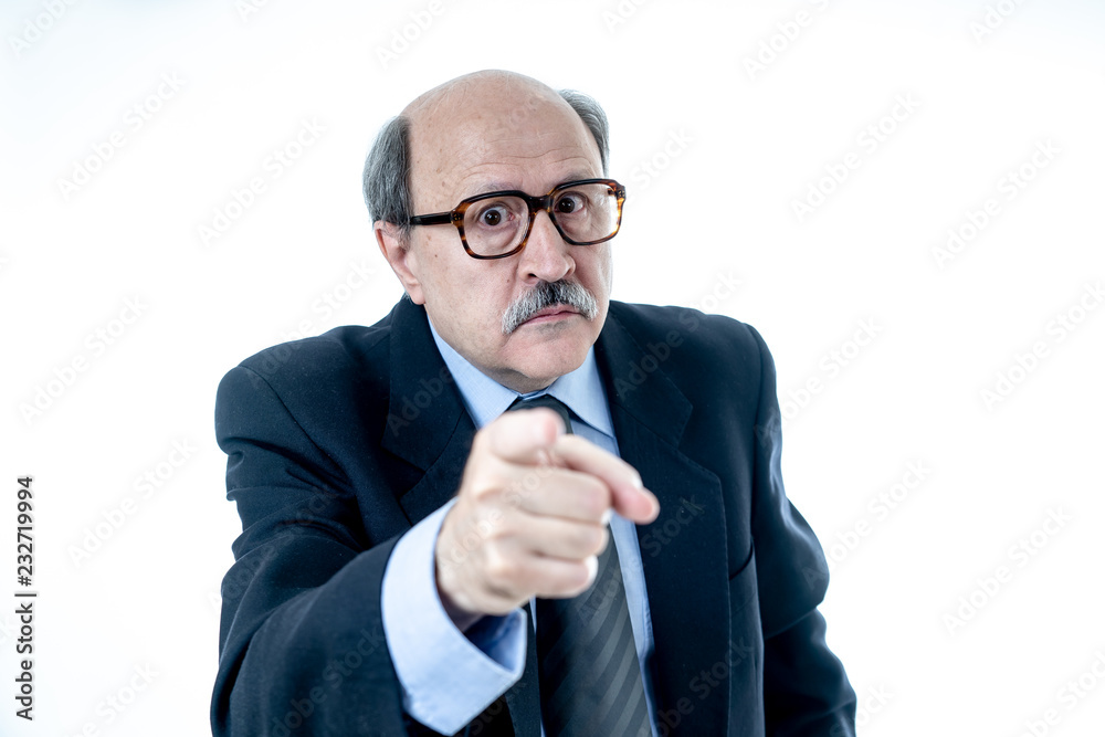 Close up of Angry older businessman boss accusing and blaming Close up of Angry older businessman boss accusing and blaming
