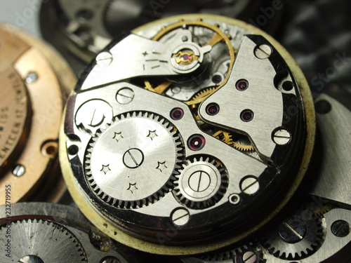 close up of several vintage mechanical watch caliber gears