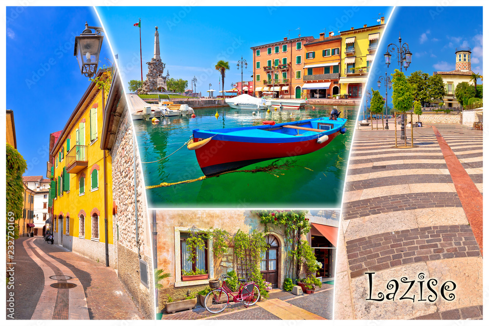 Garda lake town of Lazise tourist postcard with name label