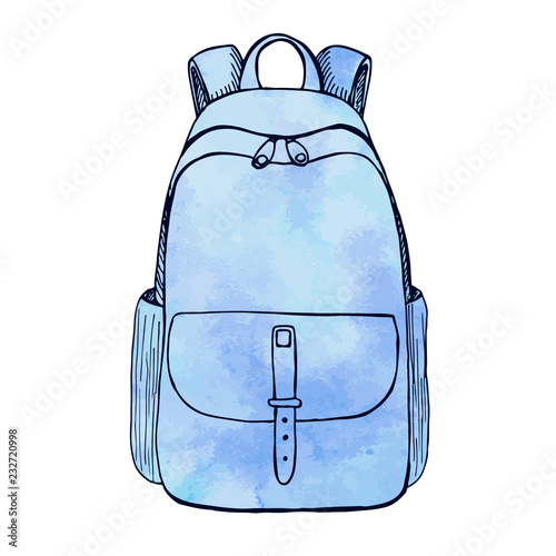 Sketch of a rucksack. Backpack isolated on white background. Vector illustration of a sketch style.Stylized watercolor.