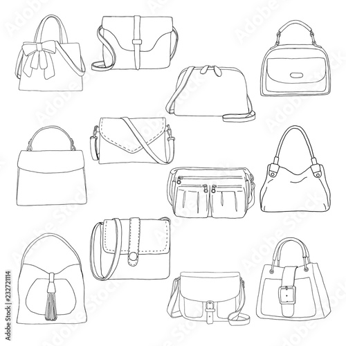 Set of different bags, men, women and unisex. Bags isolated on white background. Vector illustration in sketch style.