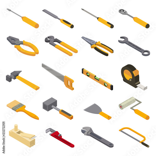 Hand tool vector construction handtools hammer pliers and screwdriver of toolbox isometric illustration workshop industrial set of carpenters spanner and hand-saw isolated on white background