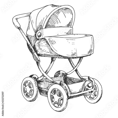 Sketch of a baby stroller. Vector illustration
