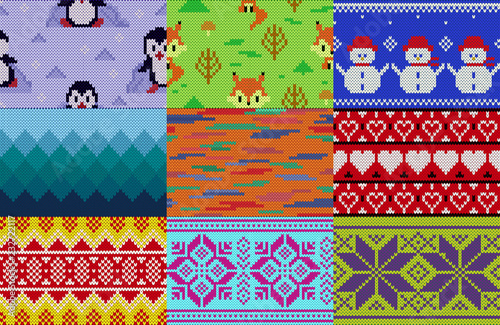 Knitting pattern vector knit wool texture background traditional knitted winter sweater ornament illustration seamless set of handknitting design of knitwear backdrop