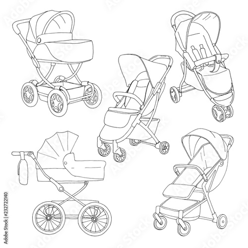 Sketch of a baby stroller and stroller for walks. Vector illustration