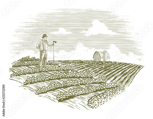 Woodcut Farmer in the Field