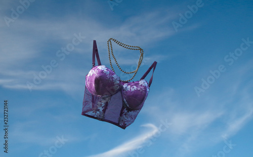 Beauty thing as i wish is in the sky. Purpur bra flying with beads on blue heaven.