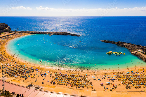 Aerial view of the Amadores beach on the Gran Canaria island in Spain. The most beautiful beach on the island.