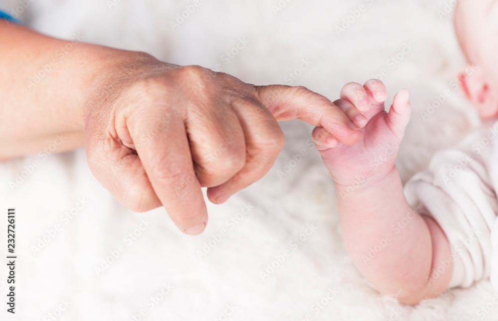 the generational difference in the hands,hand grandmother with handle baby on a white background the generational difference in the hands,hand grandmother with handle baby on a white background