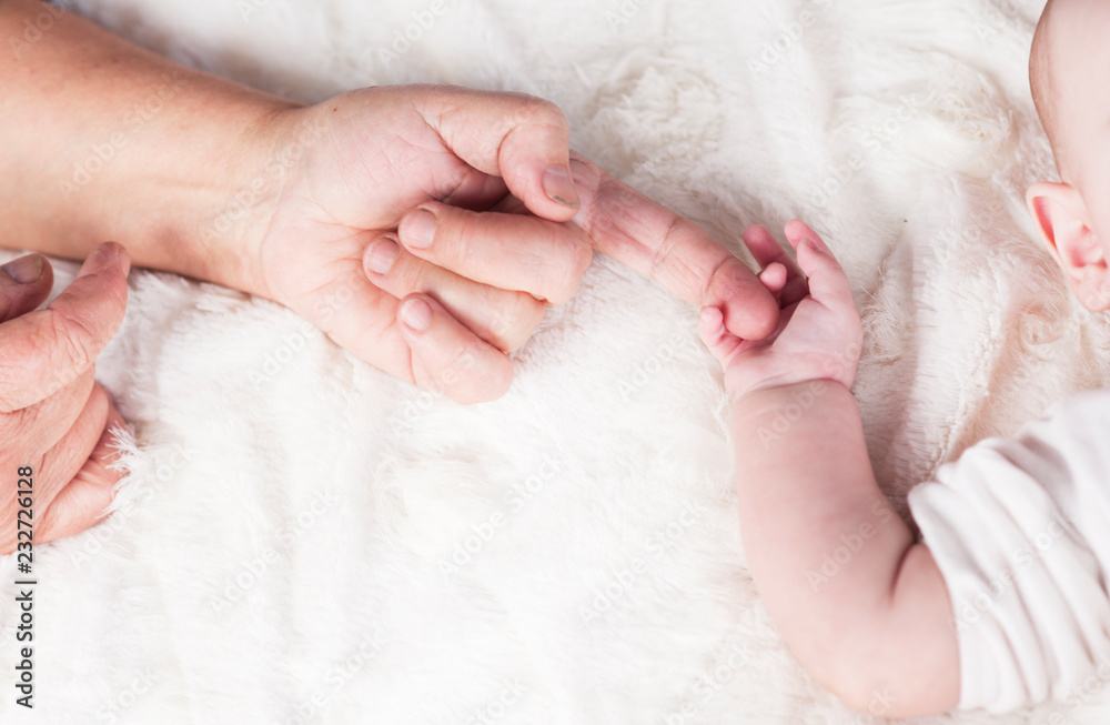 the generational difference in the hands,hand grandmother with handle baby on a white background the generational difference in the hands,hand grandmother with handle baby on a white background