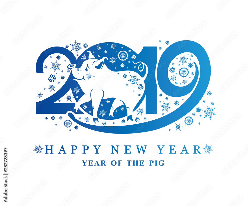 Blue flat pattern 2019 and cute piggy goes and snowflakes. Vector template New Year's design on the Chinese calendar. Blue flat pattern 2019 and cute piggy goes and snowflakes. Vector template New Year's design on the Chinese calendar.