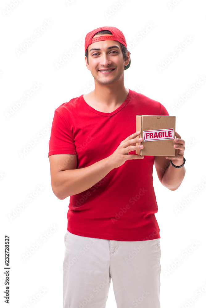 Handsome contractor holding fragile box isolated on white Handsome contractor holding fragile box isolated on white