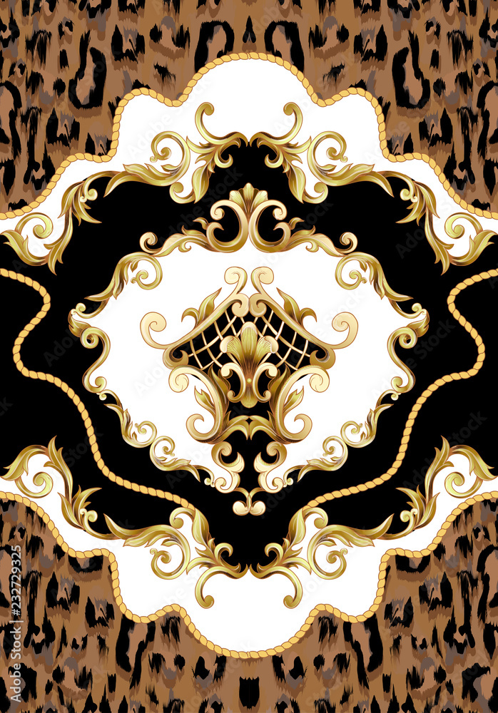 Seamless border with leopard skin and golden baroque elements. Vector ...