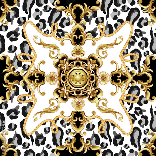 Seamless pattern with leopard skin and golden baroque elements. Vector.