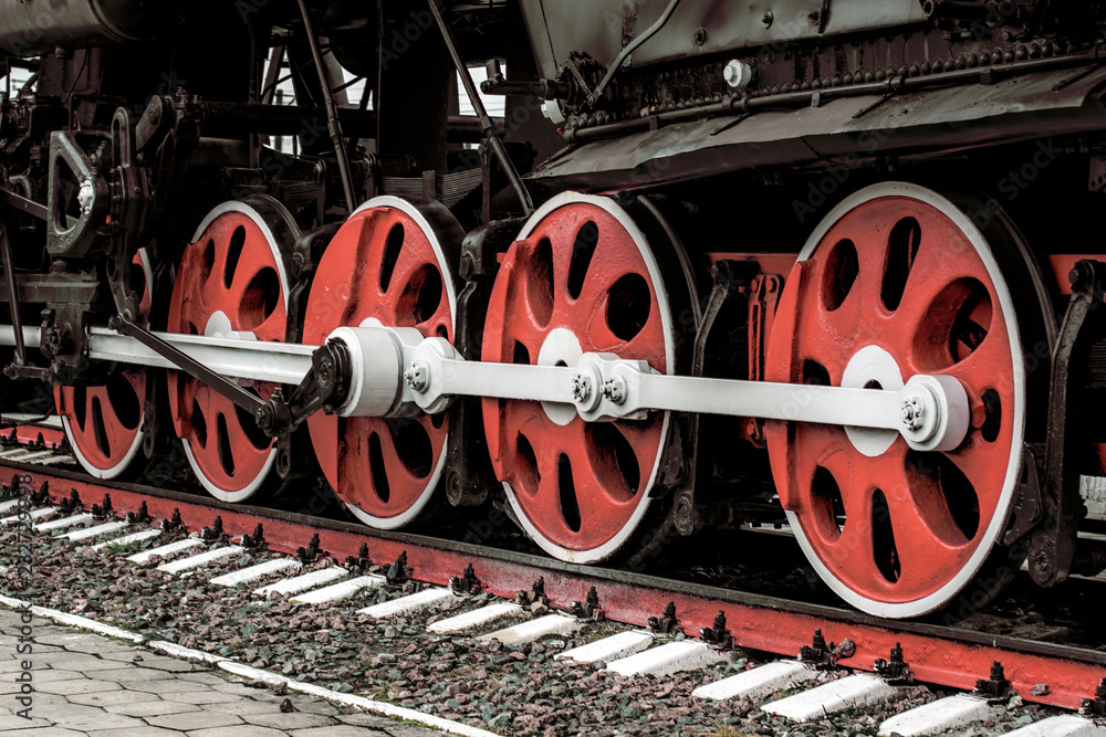Naklejka premium wheelset, wheels of old steam locomotives. a pair of wheels. retro locomotives. vintage