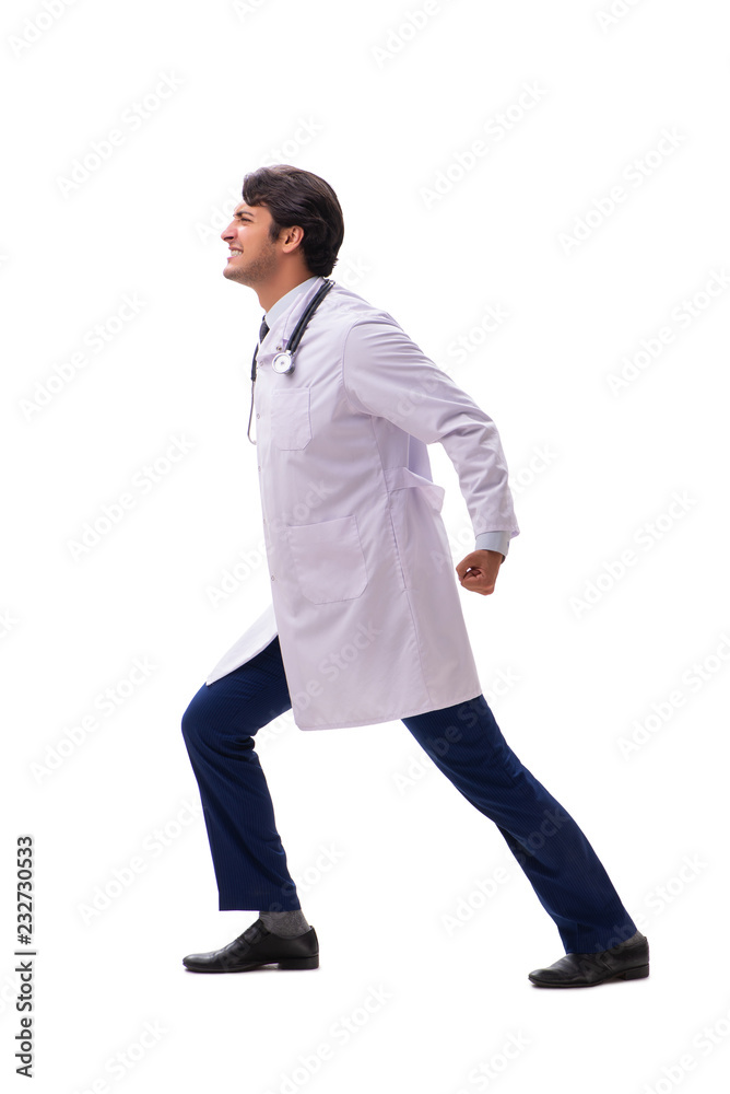 Young handsome doctor under pressure isolated on white Young handsome doctor under pressure isolated on white