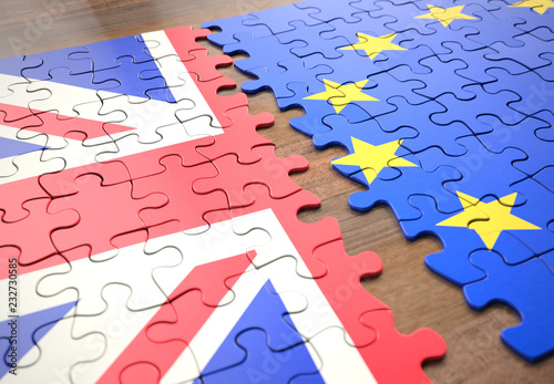 Brexit United Kingdom European Union Puzzle Pieces. United Kingdom leaving the European Union represented in puzzle pieces.