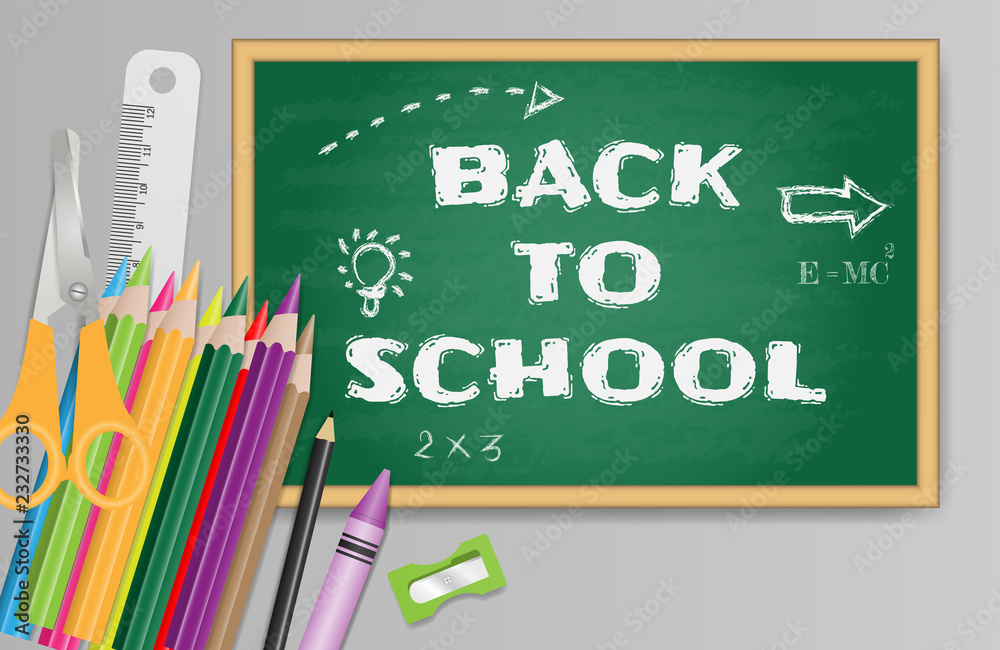 Back to school text on green chalkboard with school supplies. Vector illustration Back to school text on green chalkboard with school supplies. Vector illustration