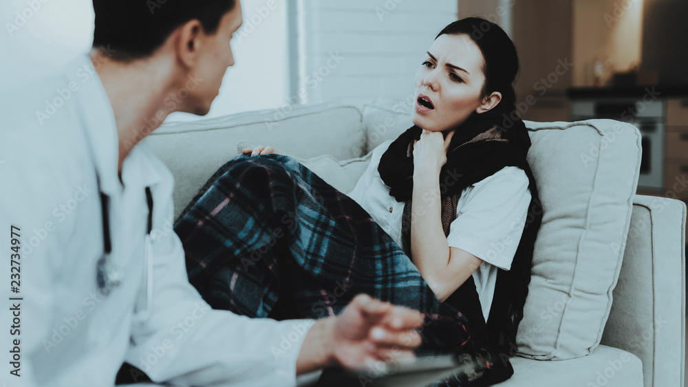Doctor Visiting Sick Young Woman in Scarf at Home. Doctor Visiting Sick Young Woman in Scarf at Home.