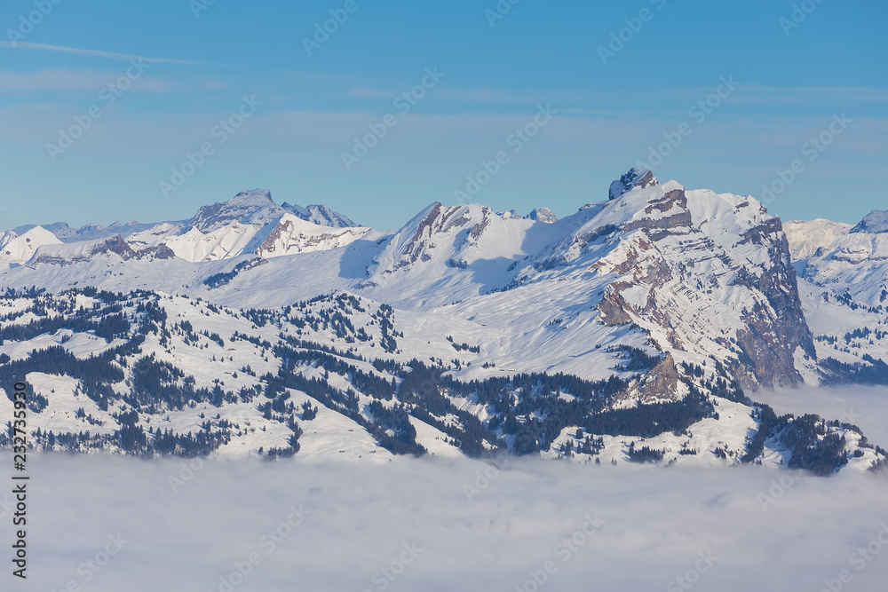 Wintertime view from the Fronalpstock mountain in the Swiss canton of Schwyz