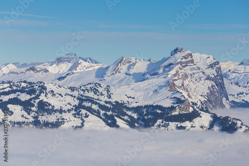 Wintertime view from the Fronalpstock mountain in the Swiss canton of Schwyz © photogearch